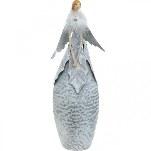 Figura de ángel decorativa con boa de plumas decoración de metal gris Navidad 38cm
