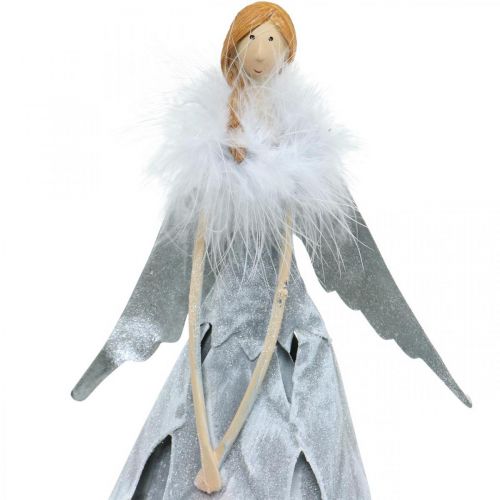 Figura de ángel decorativa con boa de plumas decoración de metal gris Navidad 38cm