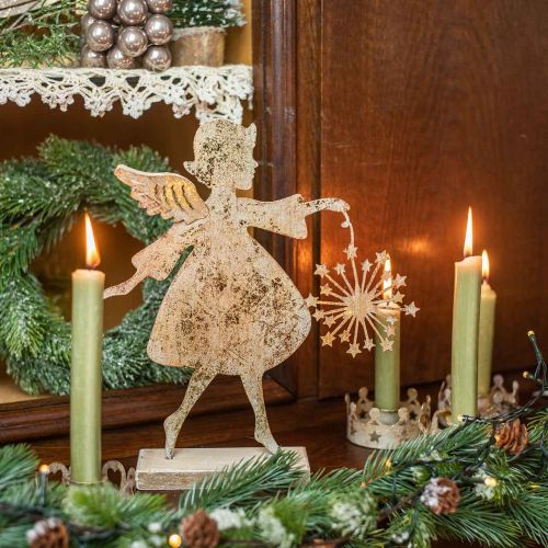 Artículo Ángel con diente de león, decoración de metal para Navidad, figura decorativa Adviento dorado aspecto antiguo Al 27,5 cm