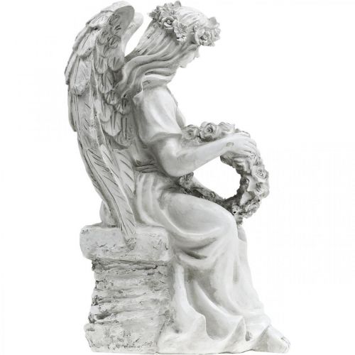 Floristik24 Ángel sepulcral con corona Ángel femenino sentado Al. 32 cm