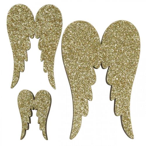 Floristik24 Decoración dispersa, alas de ángel, decoración de Adviento, alas para decorar doradas, purpurina H7/5/3cm W4,5/3,5/2cm 18 piezas