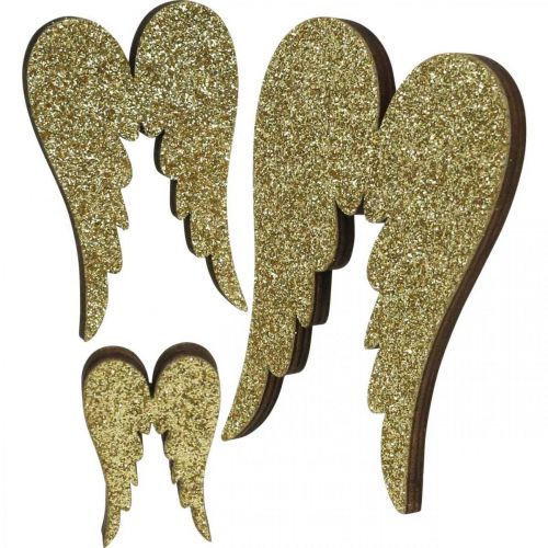Floristik24 Decoración dispersa, alas de ángel, decoración de Adviento, alas para decorar doradas, purpurina H7/5/3cm W4,5/3,5/2cm 18 piezas