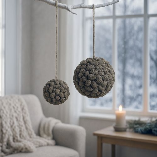Artículo Bola decorativa de cono de aliso para colgar, blanca lavada, 20 cm