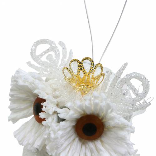 Búho decorativo con corona para colgar blanco, purpurina 6,5 × 8cm 6ud.