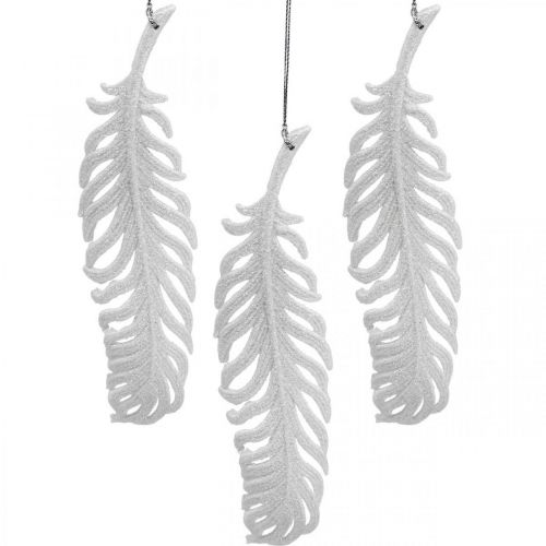 Floristik24 Plumas para colgar, decoración árbol de Navidad, plumas decorativas con purpurina, blanco boda L19cm 12pcs