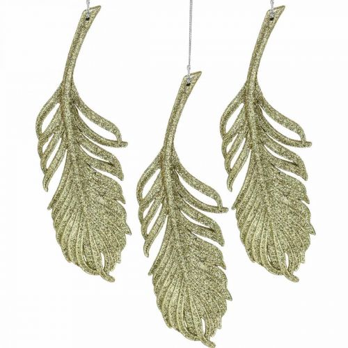 Artículo Plumas decorativas, adornos de árboles con purpurina, adornos de adviento, plumas para colgar doradas L22cm 12pcs