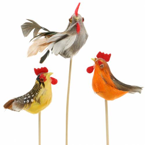 Floristik24 Gallo con plumas reales en el palo naranja, amarillo, marrón surtido H5-6cm 12 piezas