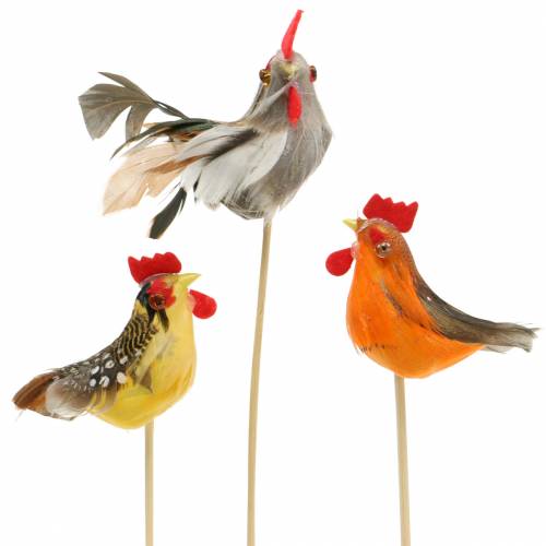 Artículo Gallo con plumas reales en el palo naranja, amarillo, marrón surtido H5-6cm 12pcs