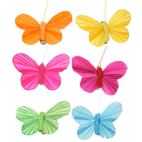 Floristik24 Mariposa de plumas en clip de colores 6cm 12ud