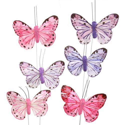 Floristik24 Alambre de metal mariposa pluma rosa, violeta 7cm 12 p