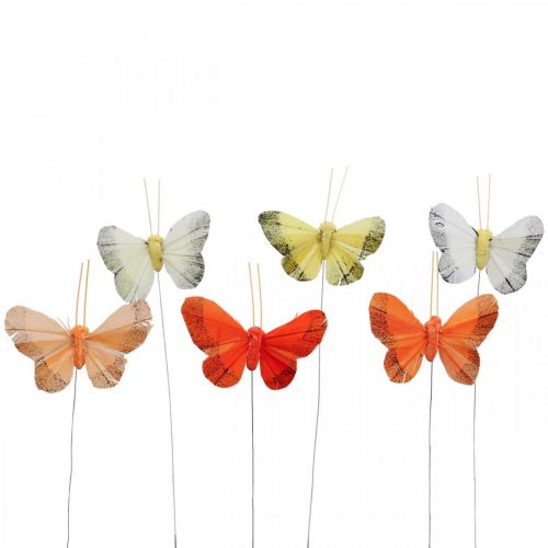 Artículo Mariposa de plumas sobre alambre 5cm naranja, amarillo 24 piezas