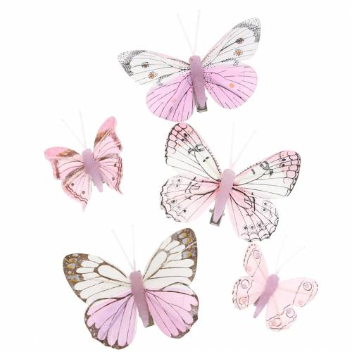 Floristik24 Pluma mariposa rosa en clip 6cm 10 piezas
