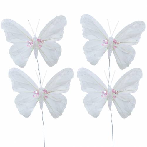 Floristik24 Pluma mariposa en alambre 12cm blanco 3uds