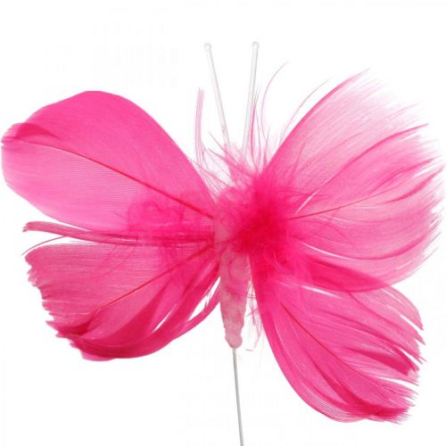Artículo Mariposas de plumas rosa/rosa/rojo, mariposas decorativas en alambre 6 uds.