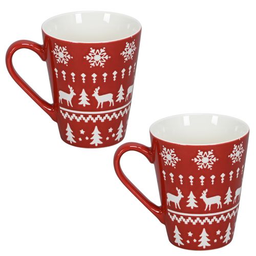 Artículo Taza navideña festiva con motivo de reno y árbol de Navidad Al. 10 cm - rojo y blanco 2 piezas