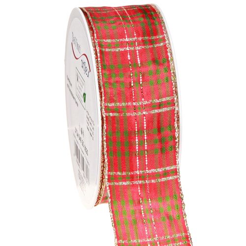 Artículo Cinta de regalo festiva a cuadros rojos, verdes y dorados, 40 mm, 20 m