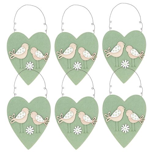 Artículo Corazón de fieltro para colgar pájaro verde natural 17x21cm 6 uds