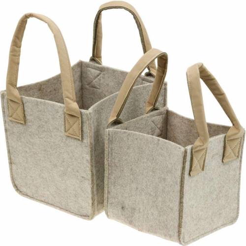 Jardinera de fieltro, fieltro beige, cesta de fieltro con asas, decoración de fieltro, juego de 2