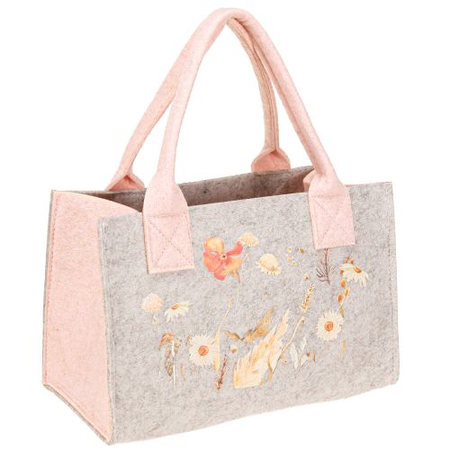 Artículo Bolsa de fieltro con motivo de flores – Bolsa de regalo y compra sostenible en gris y rosa 26 cm 2 uds.