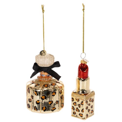 Adorno para árbol de Navidad: frasco de perfume y pintalabios con estampado de leopardo, 11 cm, 2 unidades.