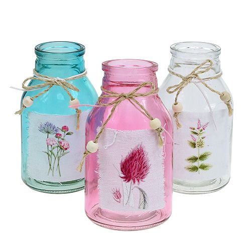 Floristik24 Botella de vidrio colores surtidos Ø8cm H15cm 3 piezas