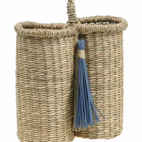 Floristik24 Portabotellas de algas marinas, cesta para botellas trenzada, decoración de balcón, cesta decorativa para colgar naturaleza, azul H20cm W22cm