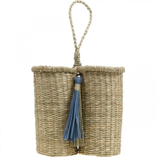 Artículo Portabotellas de algas marinas, cesta para botellas trenzada, decoración de balcón, cesta decorativa para colgar naturaleza, azul H20cm W22cm