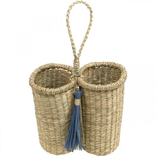 Floristik24 Portabotellas de algas marinas, cesta para botellas trenzada, decoración de balcón, cesta decorativa para colgar naturaleza, azul H20cm W22cm