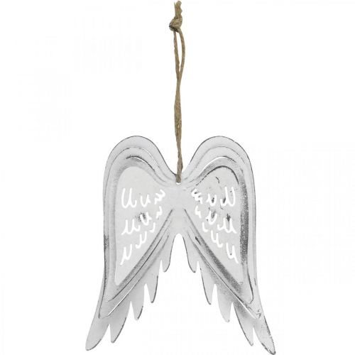 Artículo Alas de ángel para colgar, decoración navideña, colgantes de metal blanco H11.5cm W11cm 3pcs