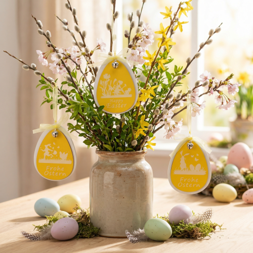 Artículo Huevos de Pascua decorativos para colgar, blancos y amarillos, de madera, decoración de Pascua, decoración de primavera, 6 piezas