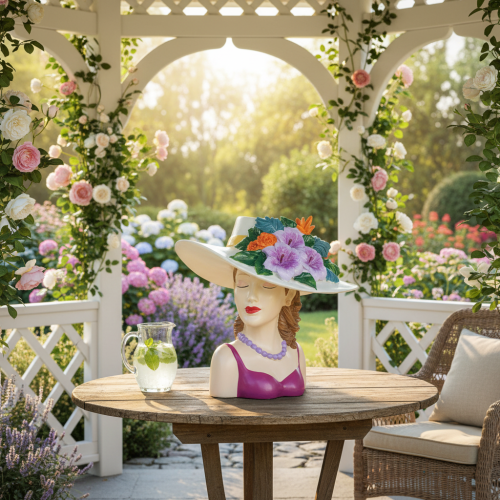 Artículo Jarrón con forma de mujer con sombrero y flores, maceta decorativa para interiores y exteriores, 20 cm.