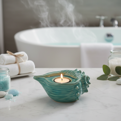 Artículo Portavelas decorativo con forma de concha marina para mesa, baño, salón, 16 cm