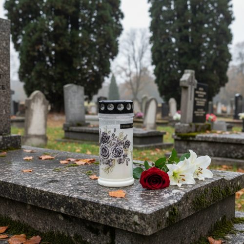 Artículo Velas blancas para tumbas con motivos florales, Ø7,5 cm H16,5 cm, 6 unidades