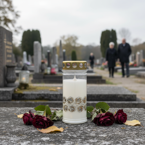 Artículo Vela grave rosas blancas luz de luto dorada Ø7cm H18cm 77h