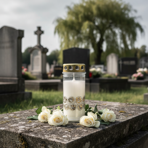 Artículo Vela grave rosas blancas luz de luto dorada Ø7cm H18cm 77h