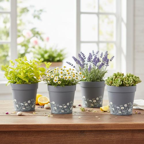 Artículo Maceta con estampado floral para decoración moderna de hogar y balcón de verano, 13 cm, 4 piezas