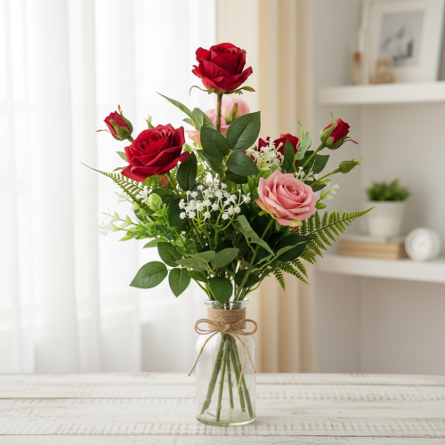 Artículo Rama de rosa flor de seda rosa artificial roja 72cm