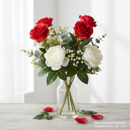 Artículo Rama de rosa flor de seda rosa artificial roja 72cm