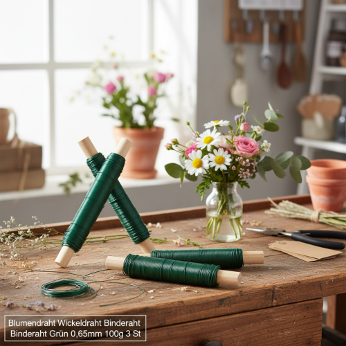 Artículo Alambre para envolver flores, alambre para encuadernar, verde, 0,65 mm, 100 g, 3 unidades