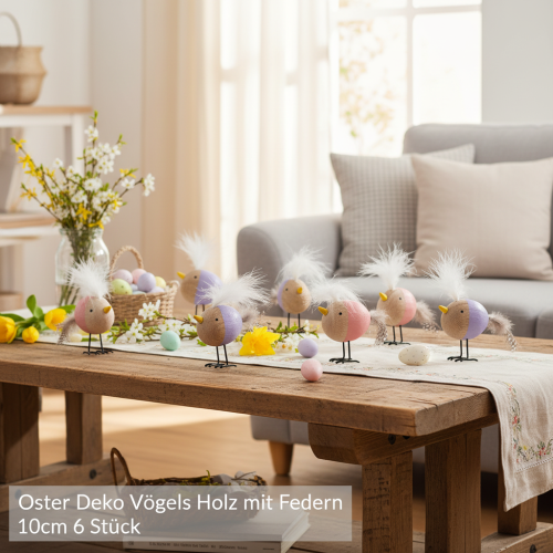 Artículo Pájaro decorativo de madera con plumas y cuerpo colorido para decoración de mesa, 10 cm, 6 piezas