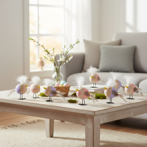 Artículo Pájaro decorativo de madera con plumas y cuerpo colorido para decoración de mesa, 10 cm, 6 piezas