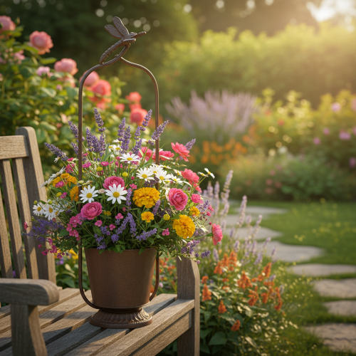 Artículo Macetero vintage con enrejado, diseño de libélula, metal, Ø16/H62cm