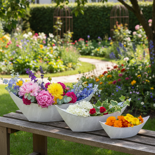 Artículo Maceta con forma de barco, de metal, blanca/plateada, 54,5/48/42 cm, juego de 3