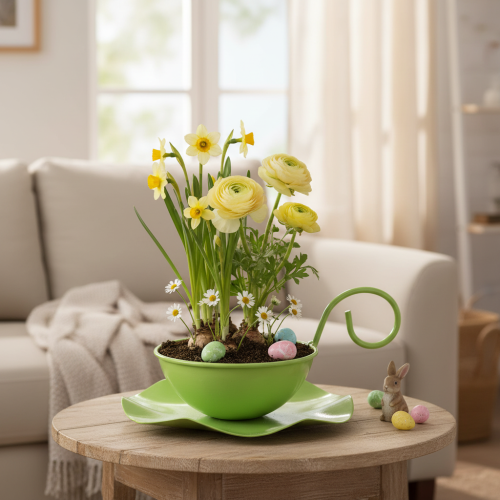 Artículo Taza decorativa de metal con platillo, verde claro, 8 cm de alto x 11,5 cm de diámetro, 2 piezas.