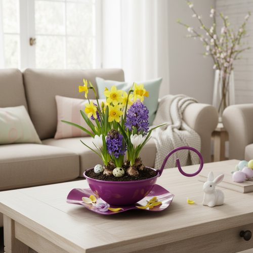 Artículo Taza de té decorativa de metal con platillo, color morado, Ø11,5 cm, H8 cm, 2 piezas