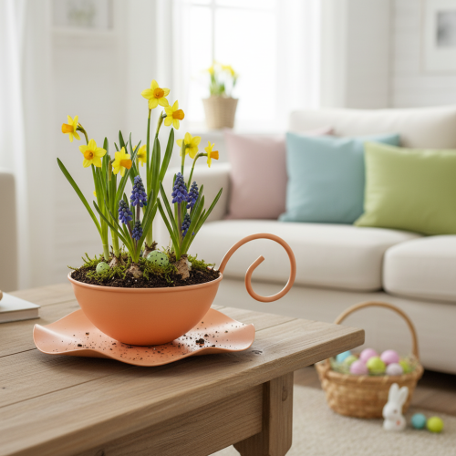 Artículo Taza decorativa de metal, color naranja, Ø11,5 cm, H6 cm, con platillo, 2 unidades.