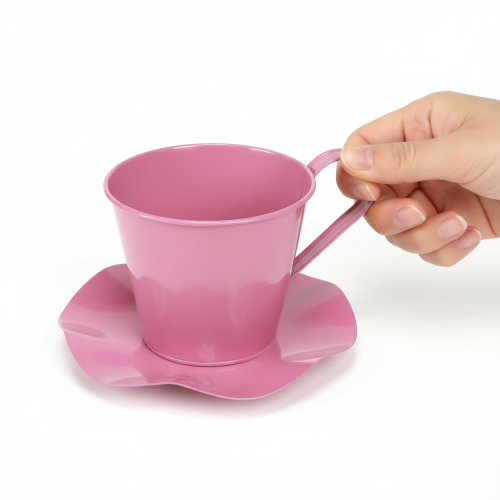 Artículo Taza de té decorativa de metal con plato, color rosa, Ø12 cm, H10 cm, 8 unidades.