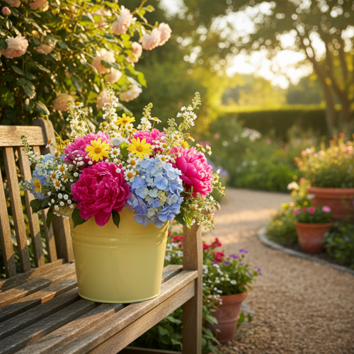 Artículo Maceta decorativa de metal, verde/amarilla, maceta para flores, 31x26x21,5 cm