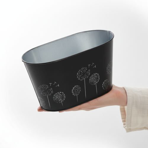 Artículo Bol decorativo de metal, ovalado, negro y plateado, diseño floral, 20,5 x 12,5 x 12 cm