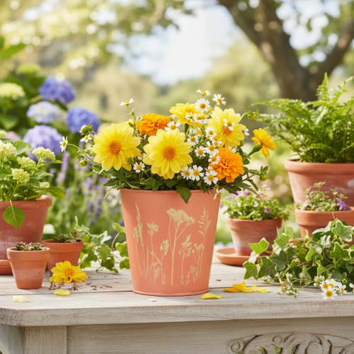 Artículo Maceta con decoración floral, color amarillo albaricoque, Ø10,5 cm, H10,5 cm